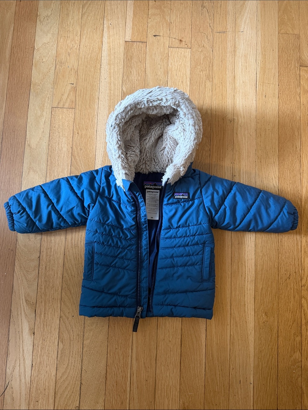 Patagonia Kids Navy Blue Quilted Puffer Jacket with Sherpa Hood
